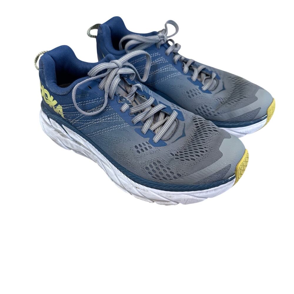 Hoka One One Women's Blue Gray Athletic Running Shoes with Yellow Accents